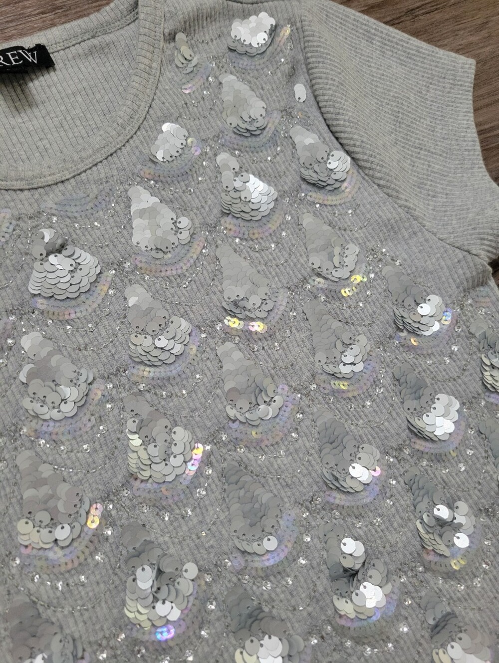 J Crew Sequin T Shirt Gray & Silver Embellished Ribbed Slim Fit Cotton Modal MD - Picture 8 of 11